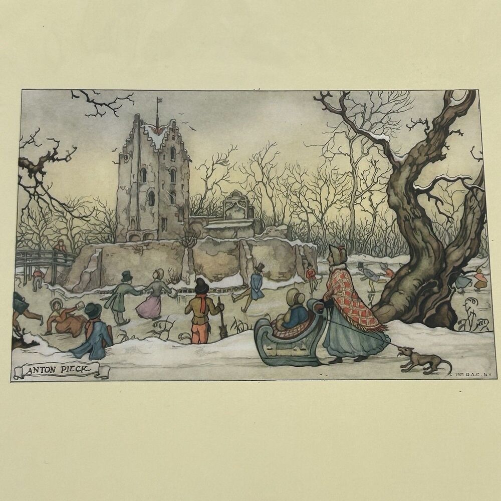 Anton Pieck Art Print Sleighride Winter Ice Skater Castle Holland Vintage 1971